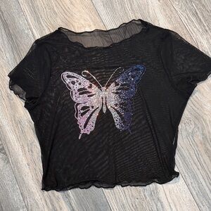 Chic Black Sheer Crop Top with Butterfly Design